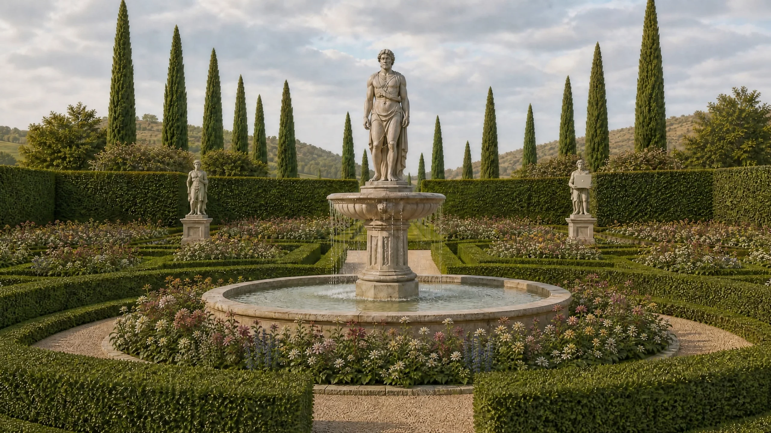 Der Brunnen im Garten, flankiert von zwei Statuen